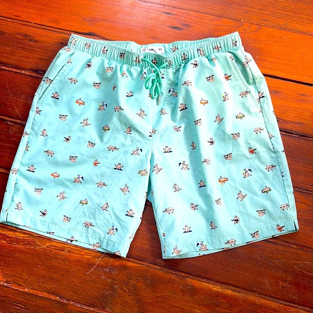 Mosmann Australia sloth print elastic waist pull on lined drawstring swim trunks